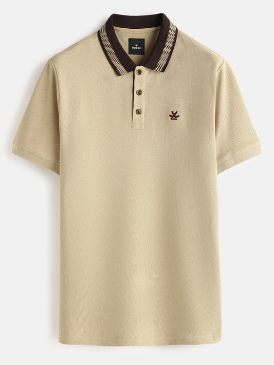 Premium Men's Beige Cotton Polo T-Shirt with Contrast Brown Collar | Regular Fit | Half Sleeve