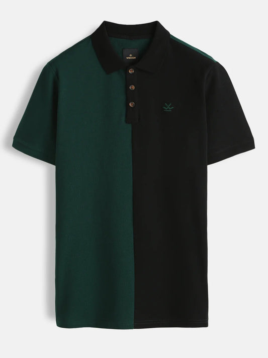 Premium Men's Black & Dark Green Color Block Cotton Polo T-Shirt | Regular Fit | Half Sleeve