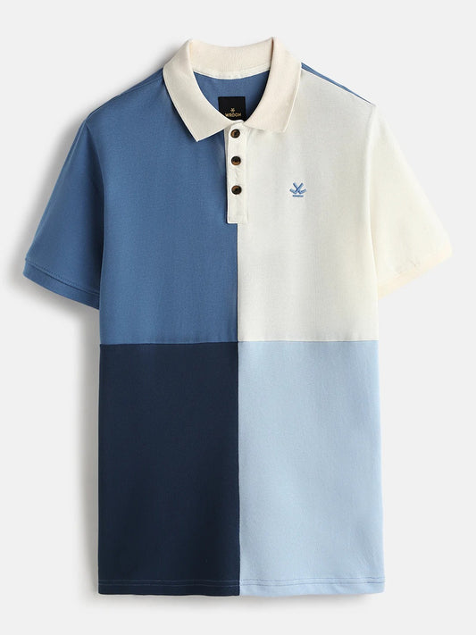 Premium Men's Blue & White Color Block Cotton Polo T-Shirt | Regular Fit | Half Sleeve