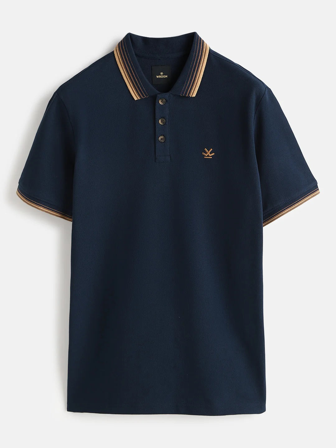 Premium Men's Navy Blue Cotton Polo T-Shirt with Contrast Striped Collar | Regular Fit | Half Sleeve