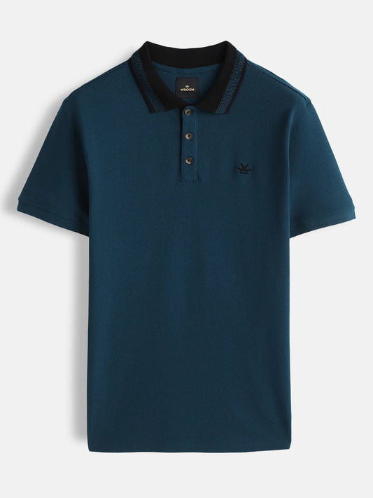 Premium Men's Petrol Blue Cotton Polo T-Shirt with Contrast Black Collar | Regular Fit | Half Sleeve